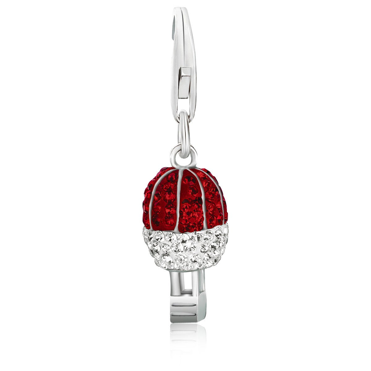 Sterling silver hot air balloon charm with red and white crystal accents.