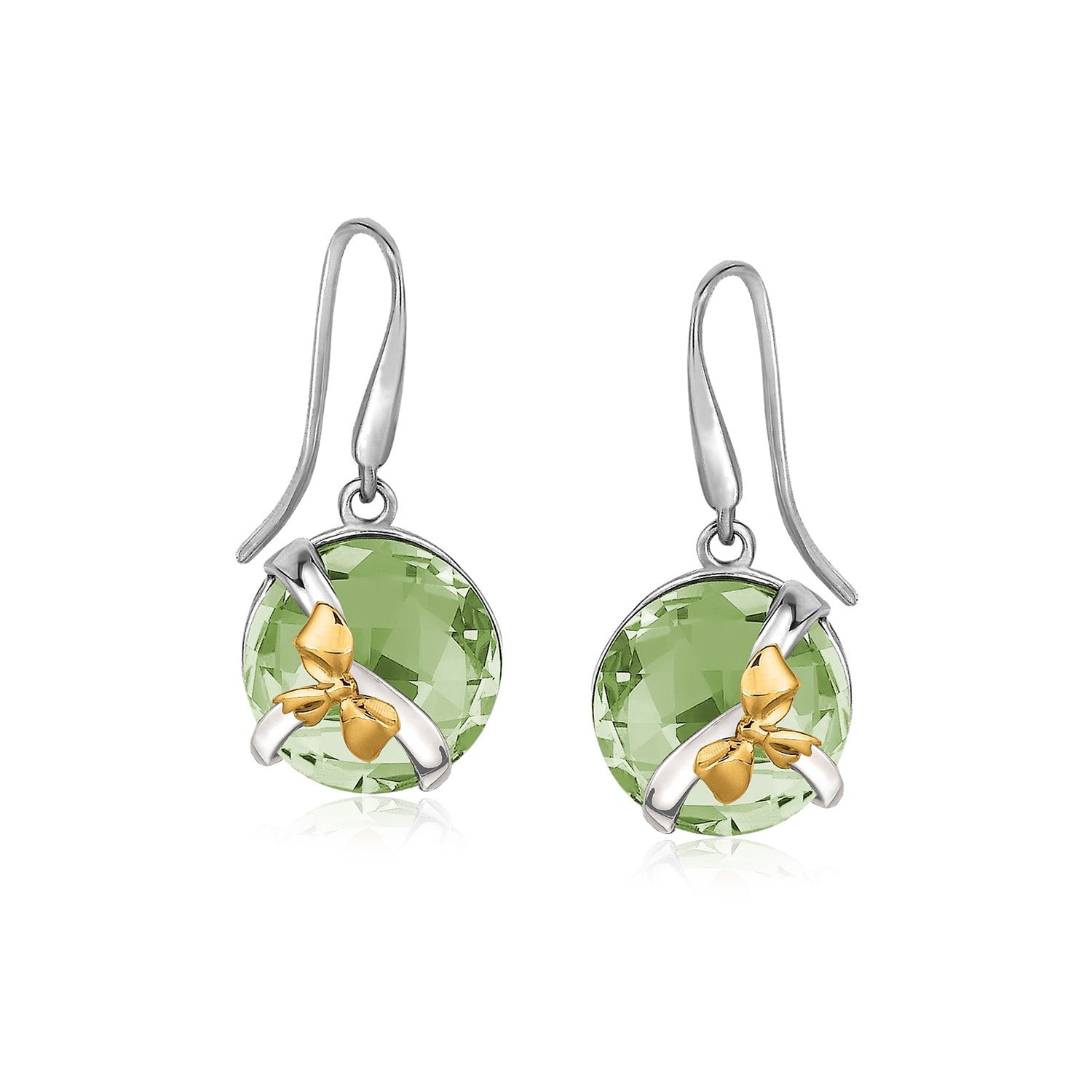 18K yellow gold and sterling silver earrings with bows and round green amethysts.