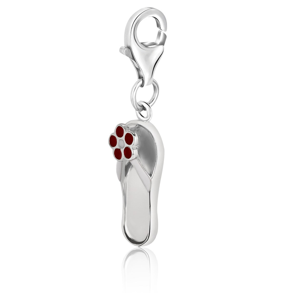 Sterling silver flip flop charm with a red enameled flower and lobster clasp.