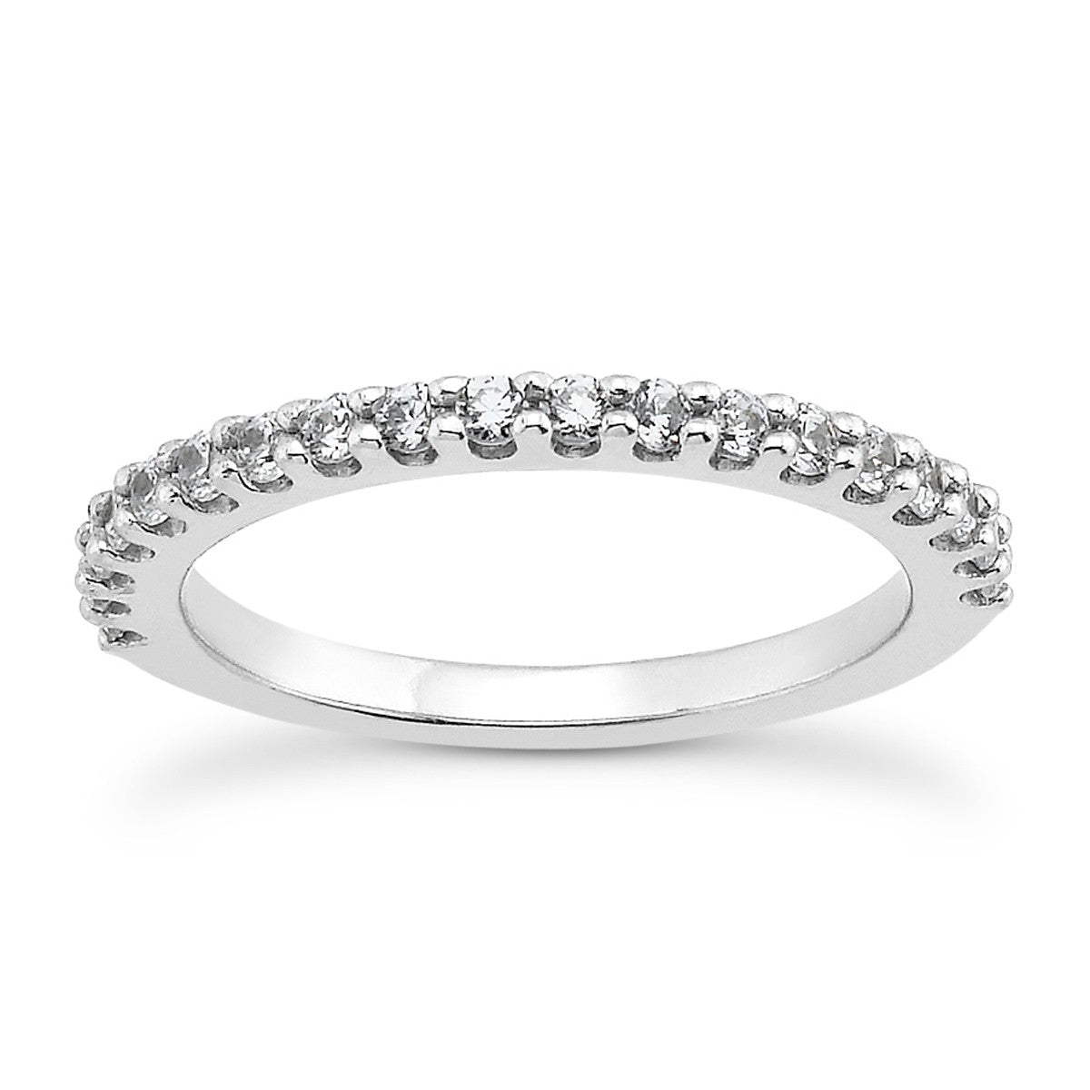 14k white gold shared prong diamond wedding ring band with U settings.