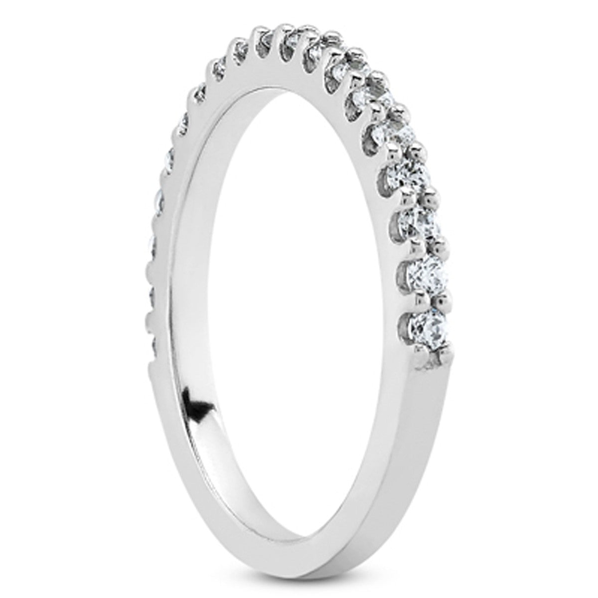 14k white gold shared prong diamond wedding ring band with U settings.