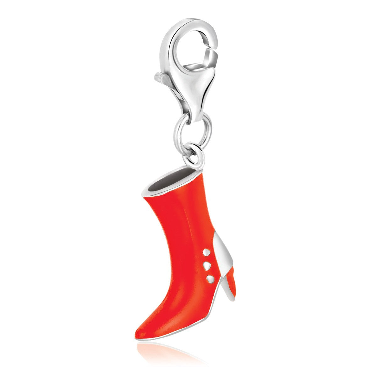 Sterling silver boot charm with orange enamel coating and silver heel details.