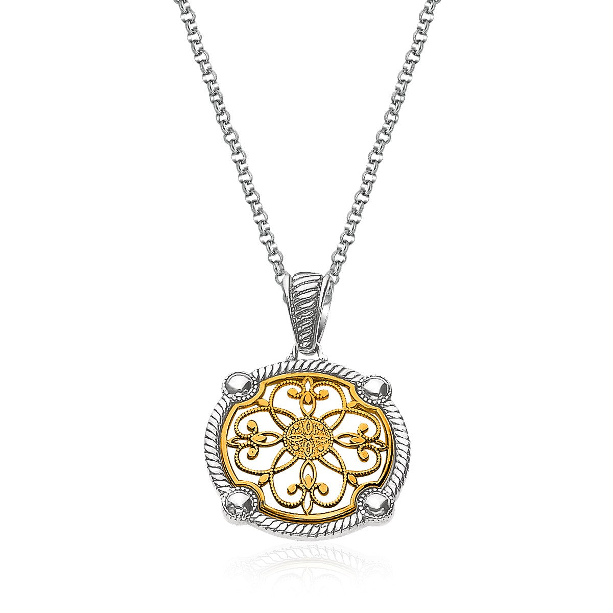 Sterling silver and 14K yellow gold floral filigree pendant necklace.