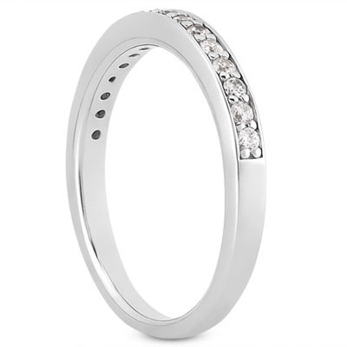 14k white gold wedding band with pave diamonds halfway around.