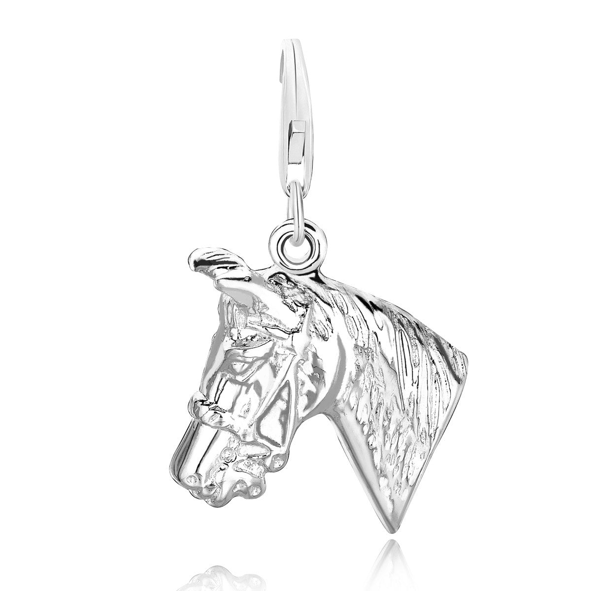 Sterling silver horse head charm with a detailed mane and harness.