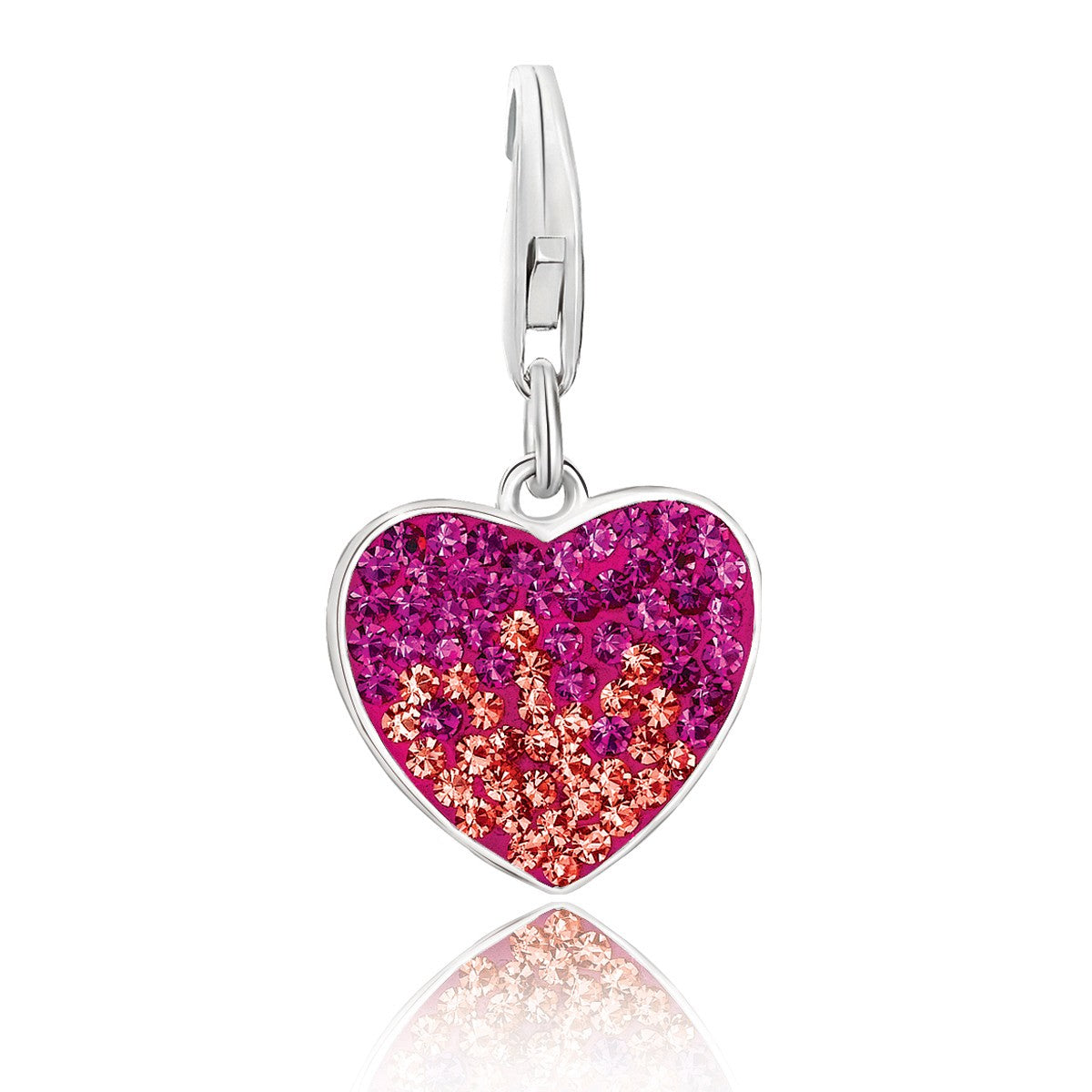 Sterling silver heart charm with pink and orange crystal accents.