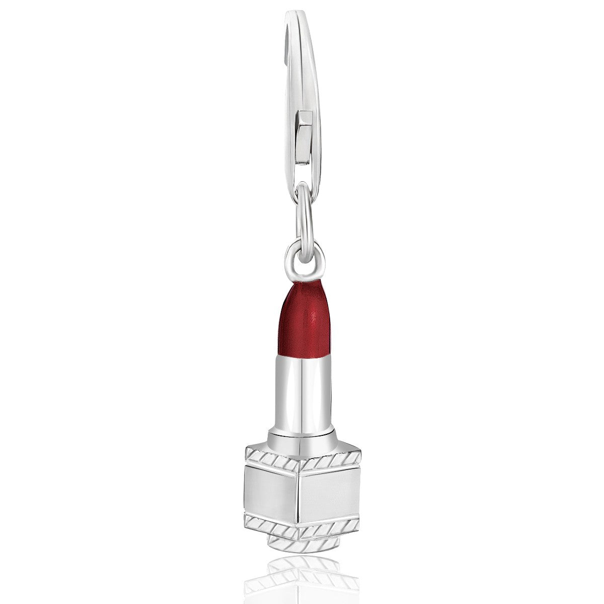 Sterling silver lipstick charm with red enamel and a cube base.