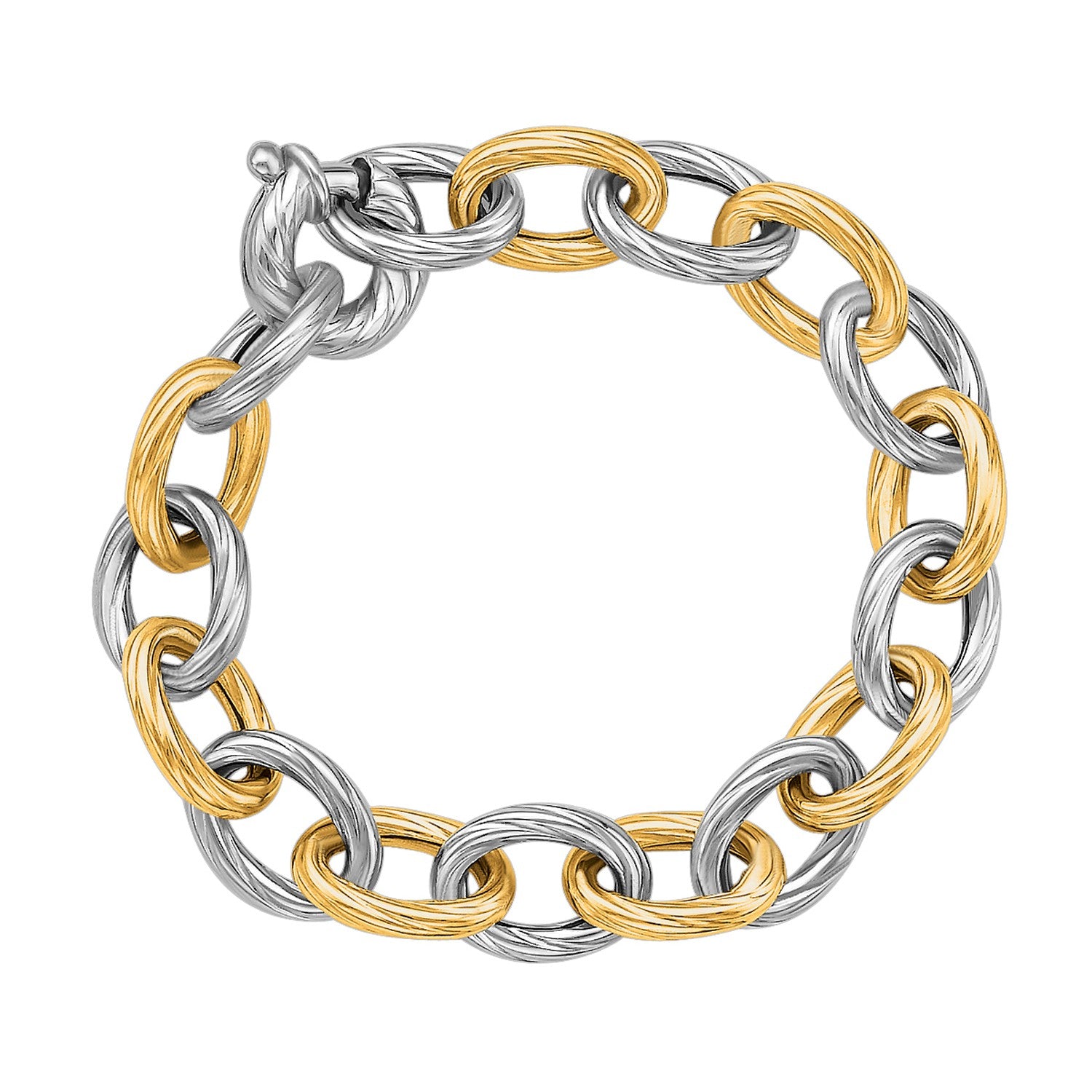 Two-tone yellow gold and sterling silver diamond-cut chain bracelet with a spring ring clasp.