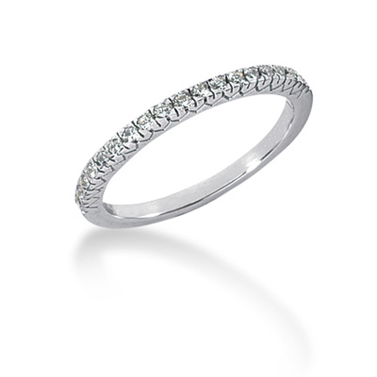 14k white gold fishtail pave diamond wedding band with 18 round diamonds.