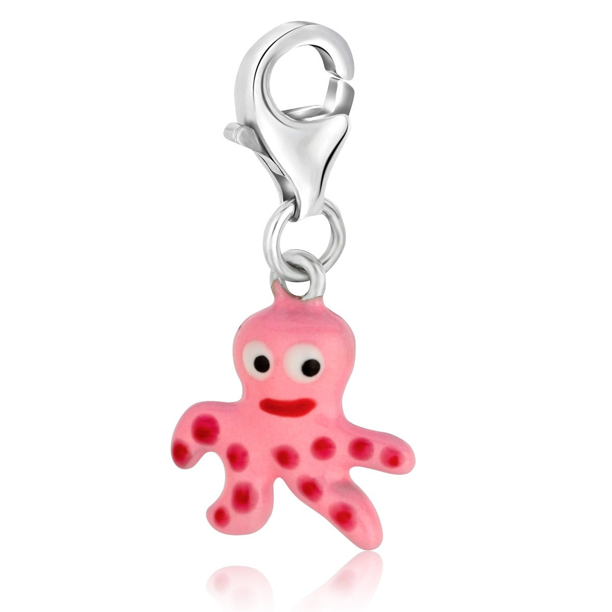 Sterling silver octopus charm with pink enamel finishing and a lobster clasp.