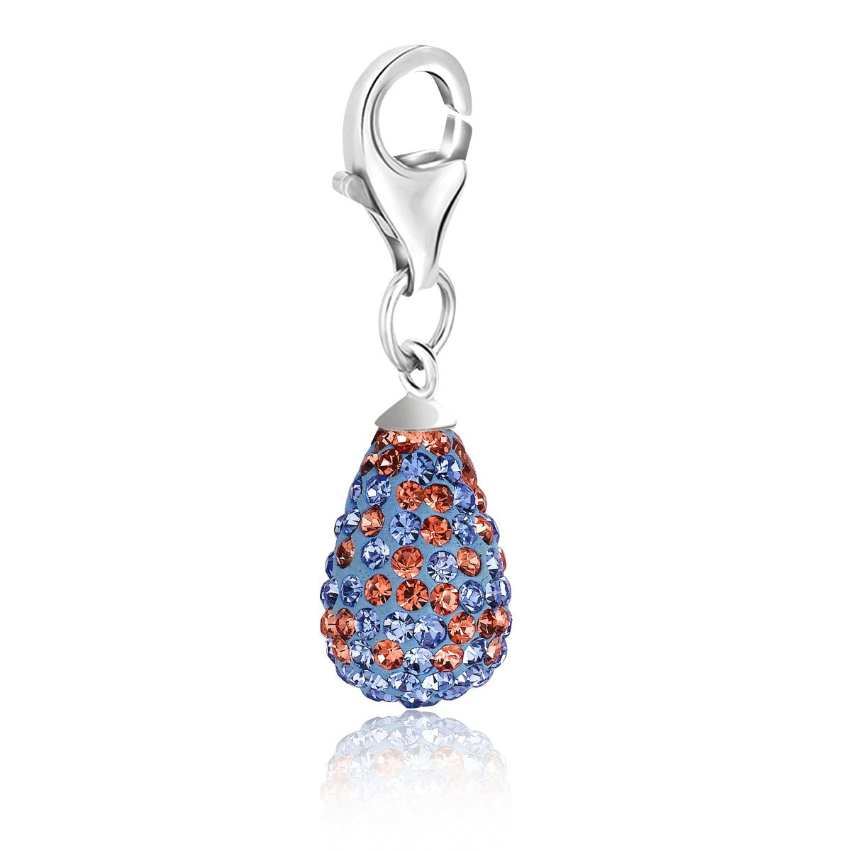 Sterling silver teardrop charm studded with light blue and peach crystals.