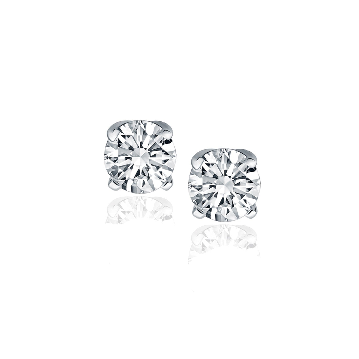 Two round-cut diamond stud earrings in four-prong white gold settings with reflections.