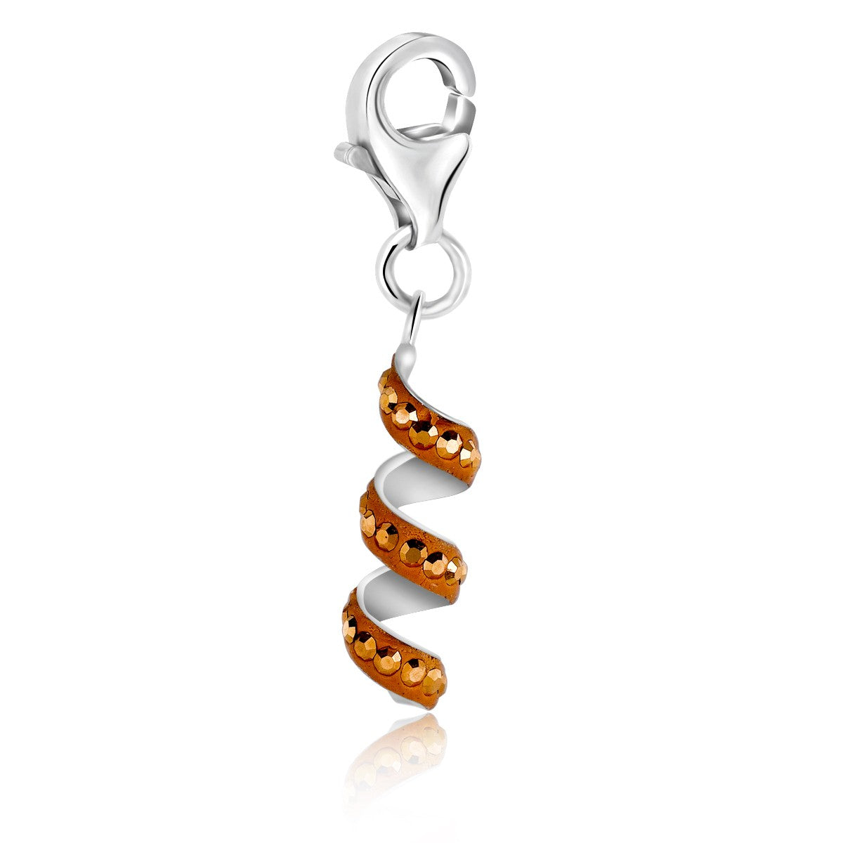 Sterling silver champagne coil charm with orange tone crystal accents and a lobster clasp.
