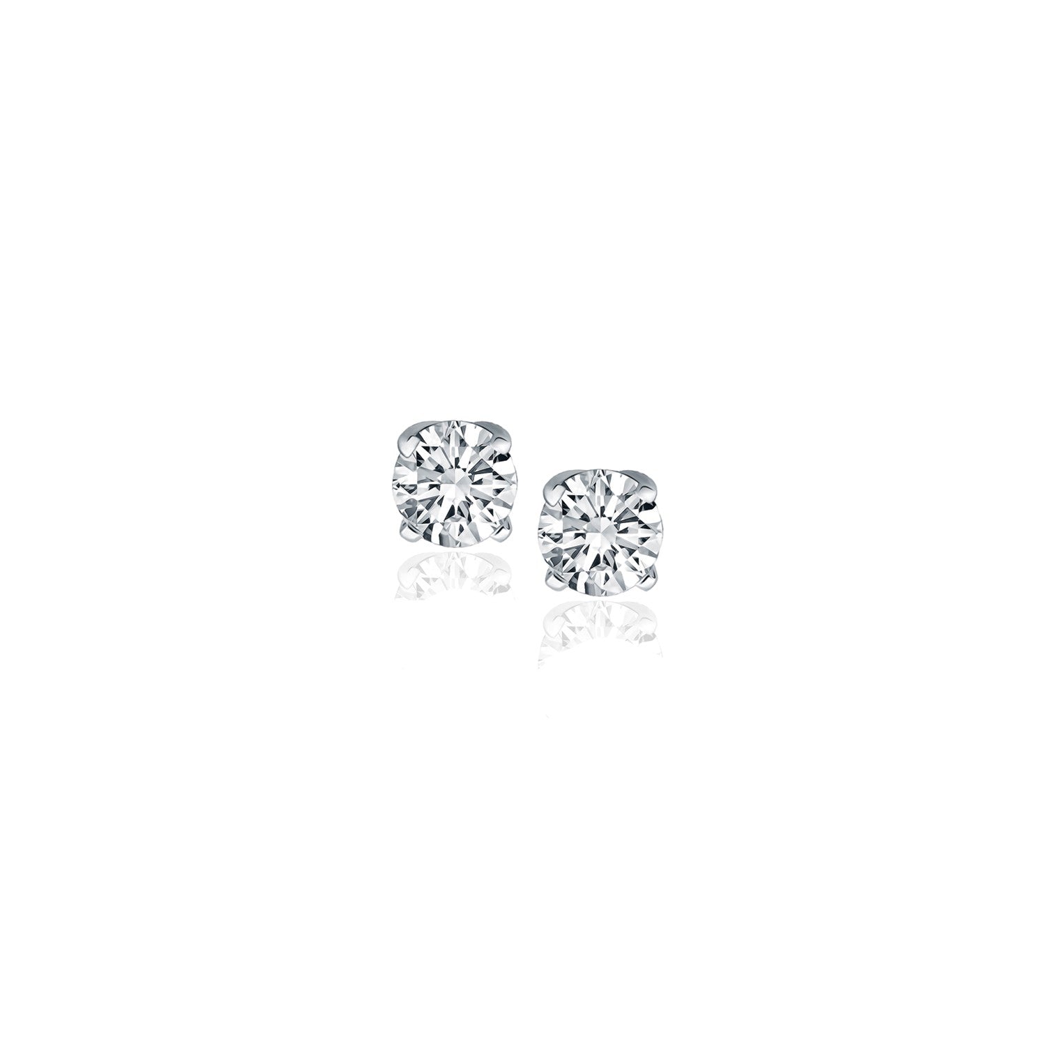 Two round diamond stud earrings in four-prong white gold settings with reflections below.