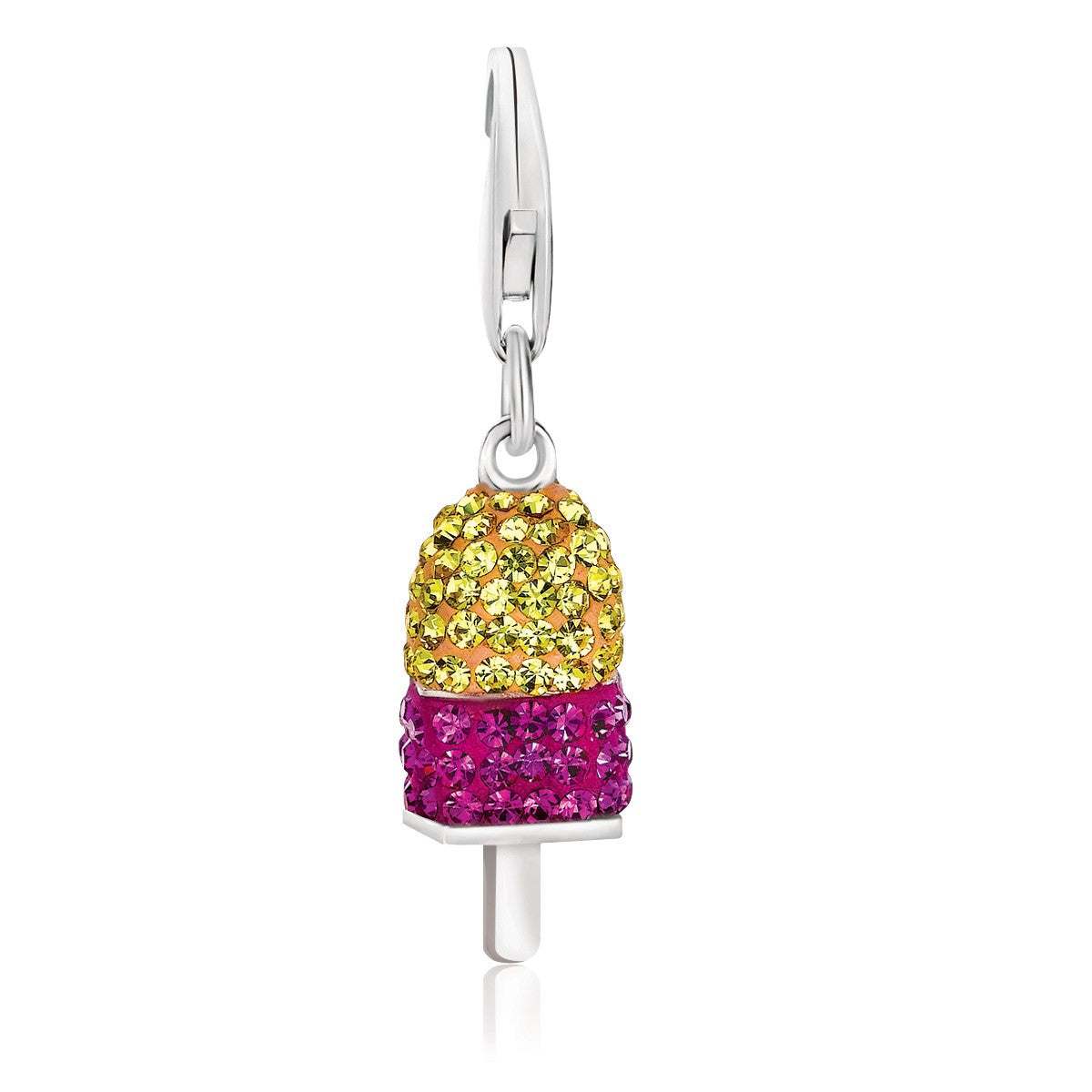 Sterling silver ice-pop charm with yellow and magenta crystals and a lobster clasp.
