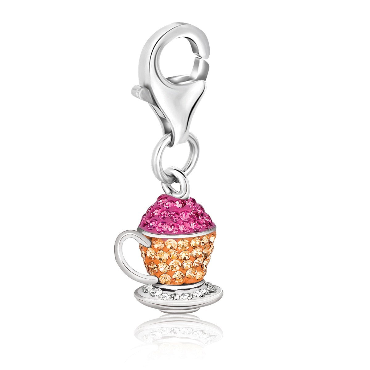Sterling silver tea cup charm with multi-color crystal embellishments and a lobster clasp.