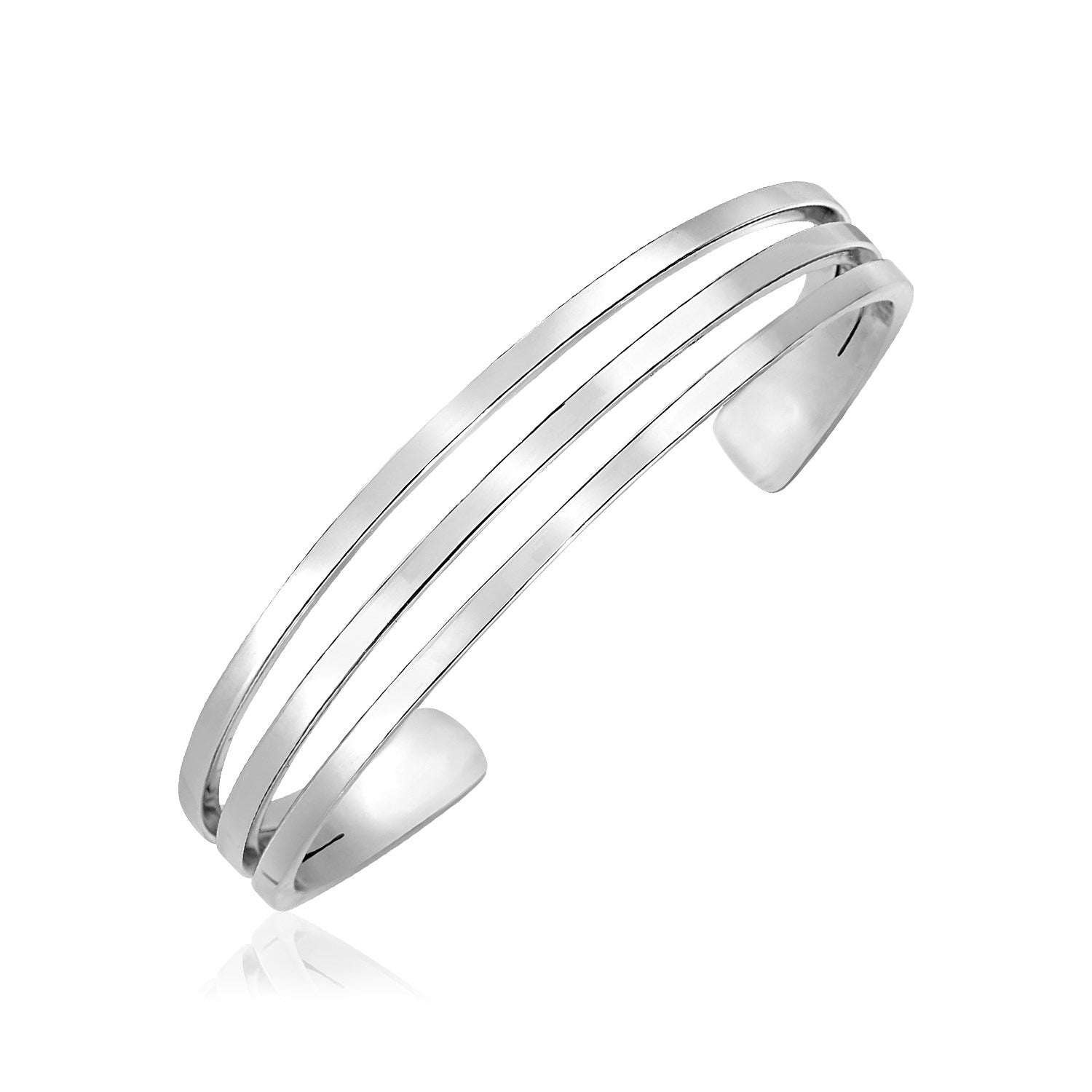Sterling silver polished three-part cuff bangle with a reflective surface.