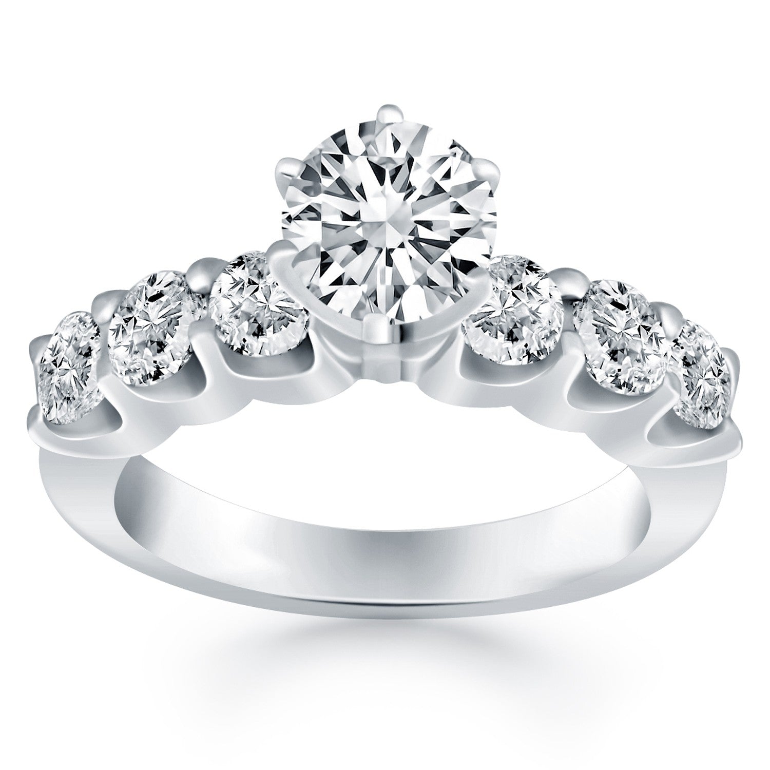 14k white gold engagement ring with a round center diamond and six accent diamonds.