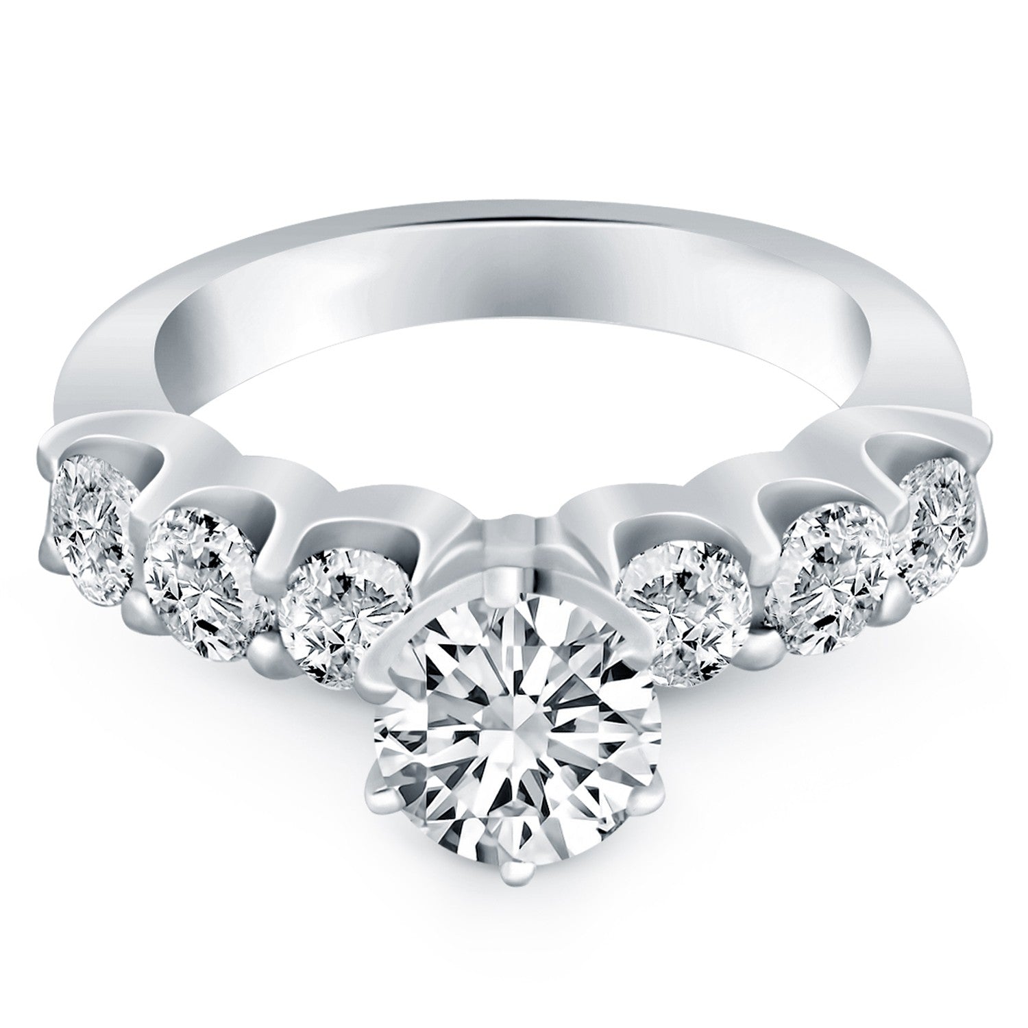 14k white gold engagement ring with a round center diamond and six accent diamonds.