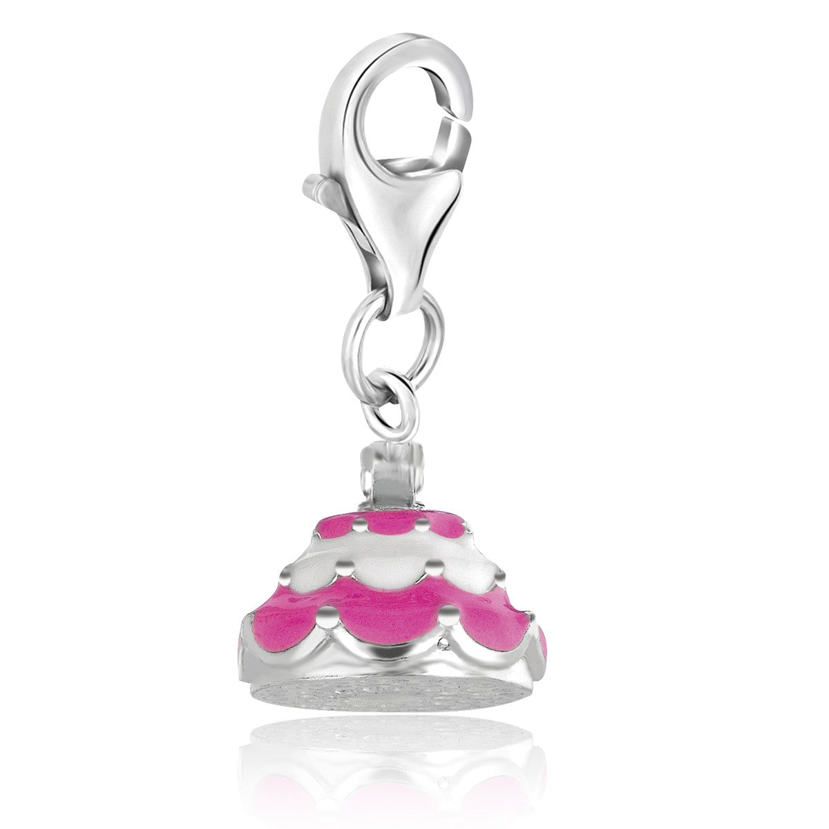 Sterling silver wedding cake charm with pink enamel and scallop detailing.