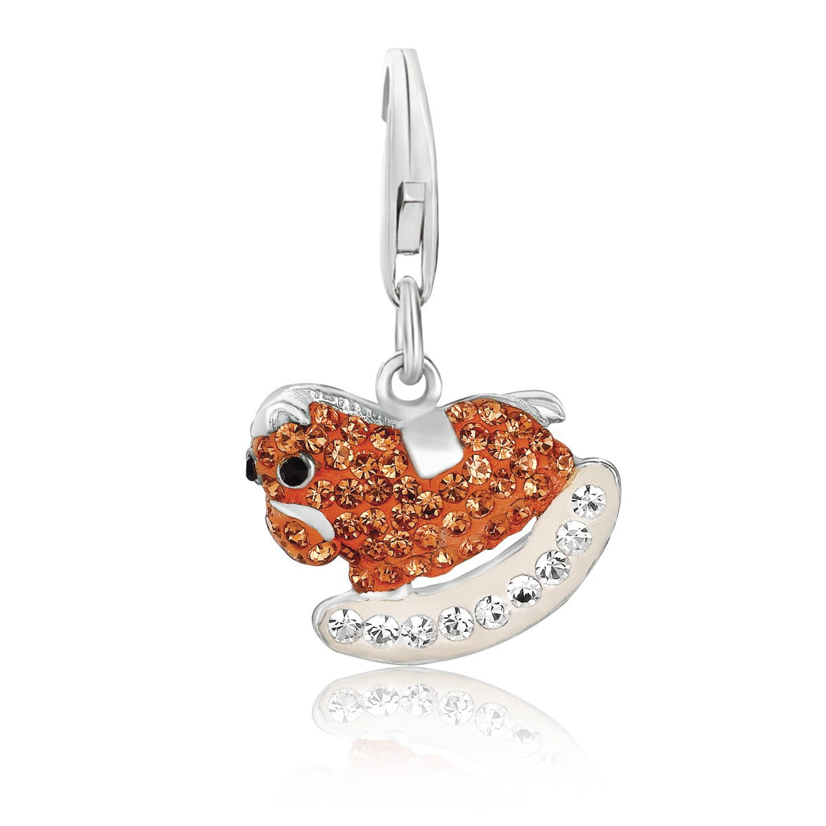 Sterling silver rocking horse charm with orange, black, and white crystal accents.