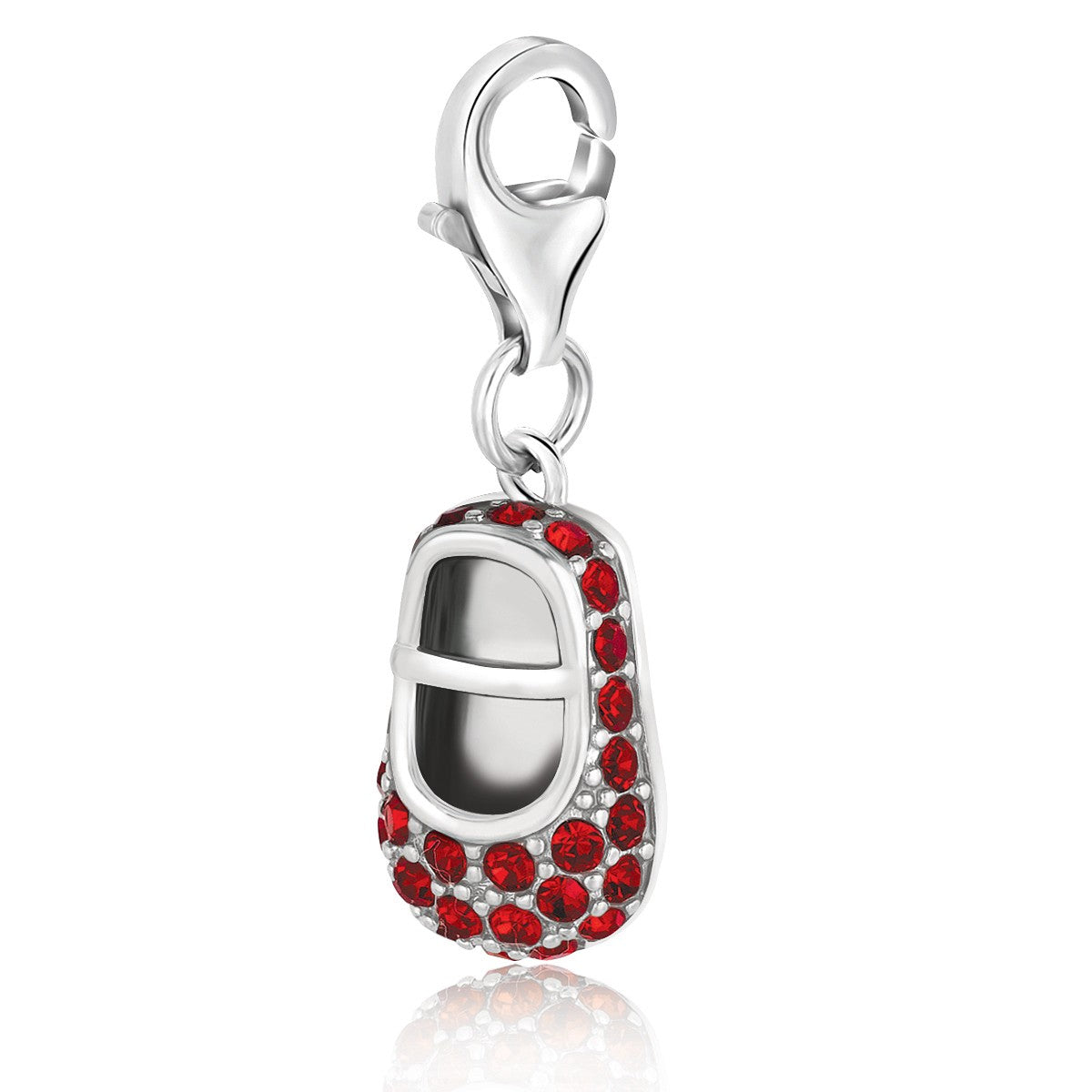 Sterling silver baby shoe charm with red crystal accents and a lobster clasp.