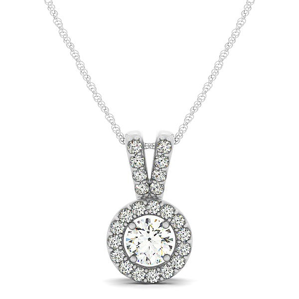Round diamond pendant with a split bail and diamond halo in 14k white gold.