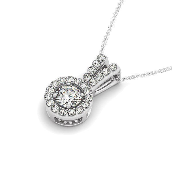 Round diamond pendant with a split bail and diamond halo in 14k white gold.
