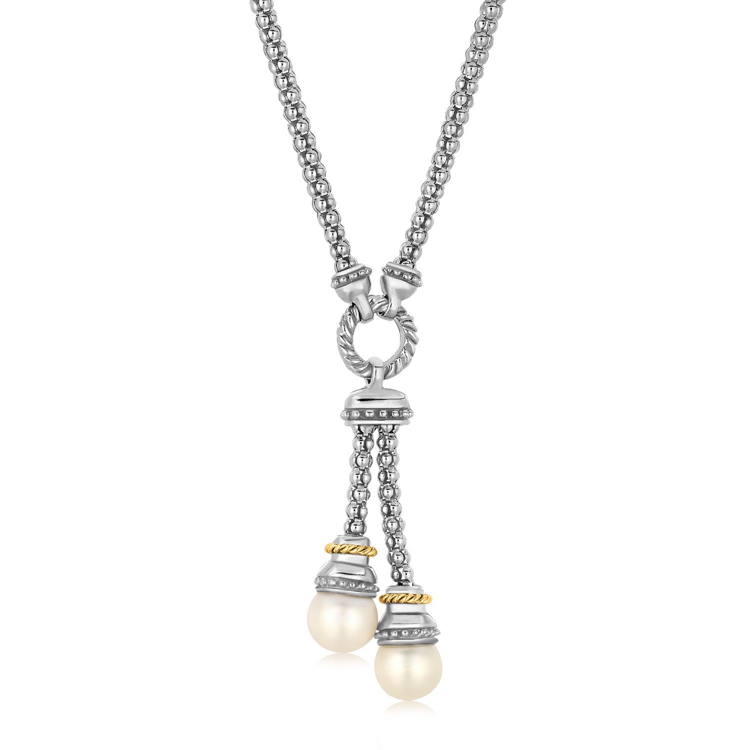 Sterling silver popcorn style necklace with a lariat pendant and two pearl accents.