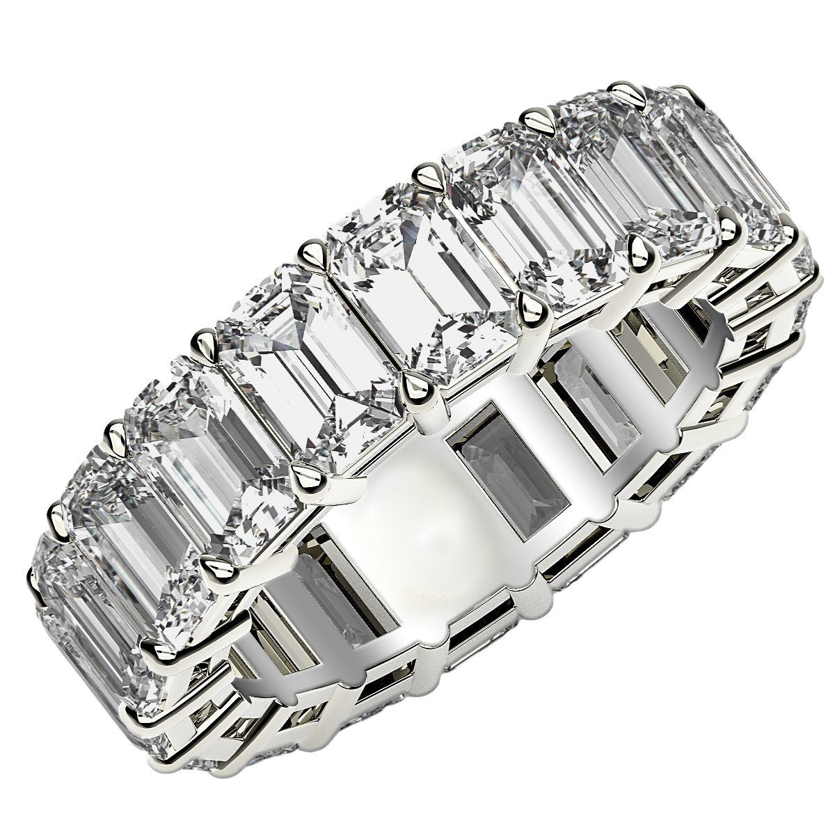 Emerald cut lab grown diamond eternity ring in 14k white gold.