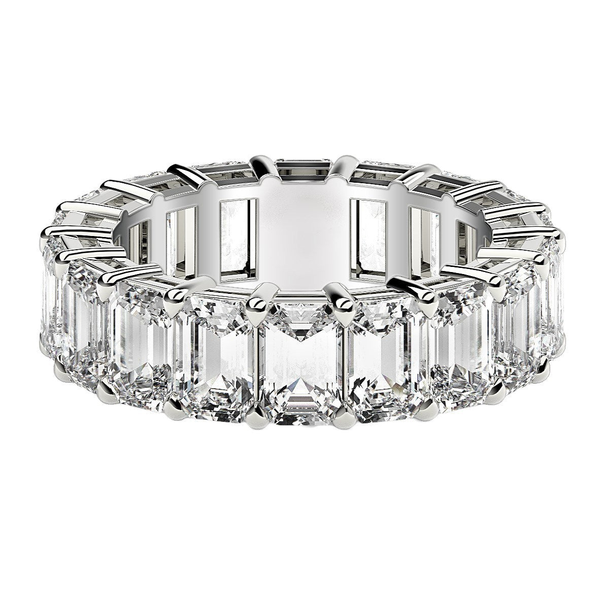 Emerald cut lab grown diamond eternity ring in 14k white gold.