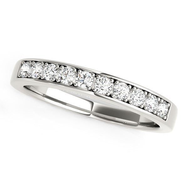 14k white gold wedding band with ten prong-set round diamonds.