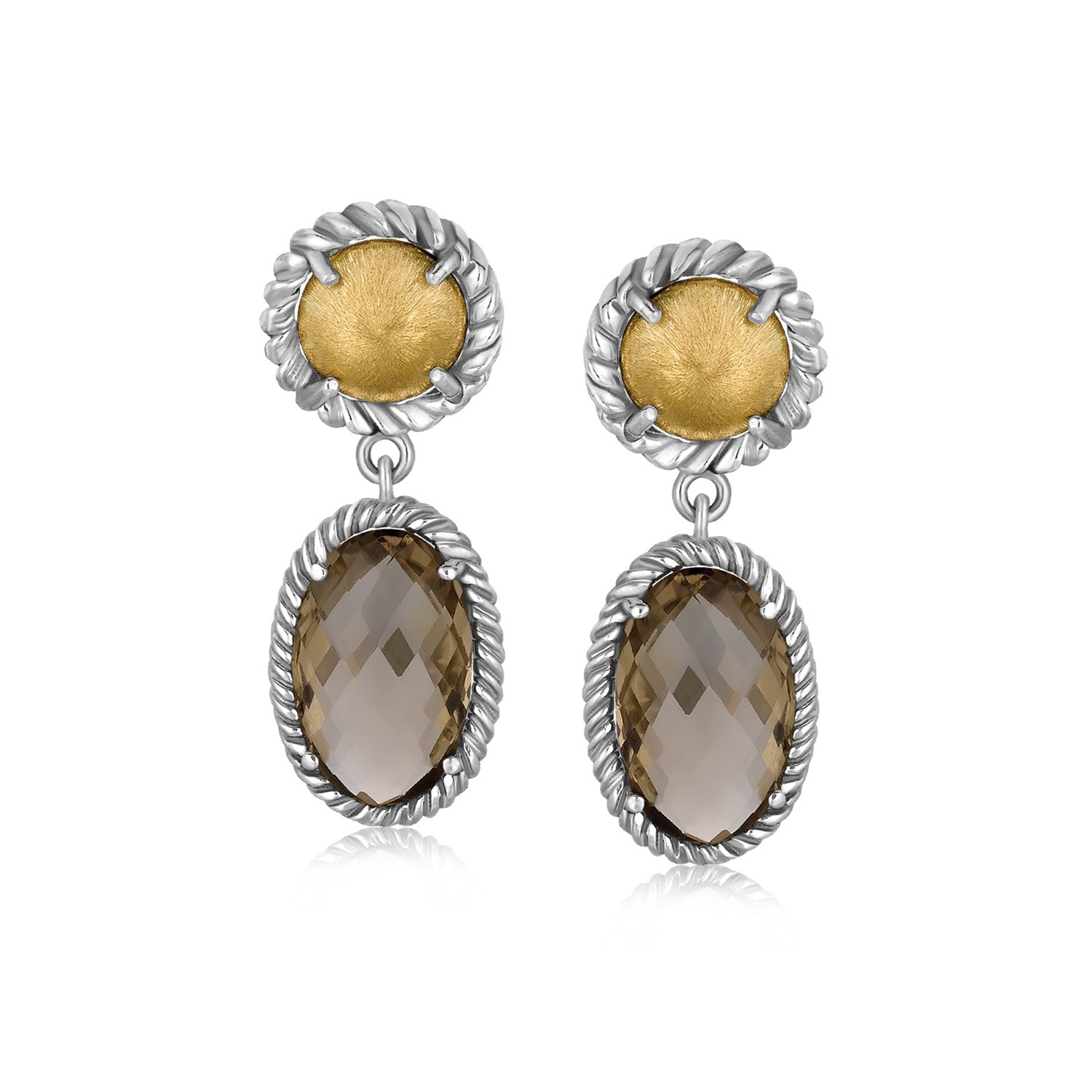 18K yellow gold and sterling silver drop earrings with round motifs and smokey quartz.