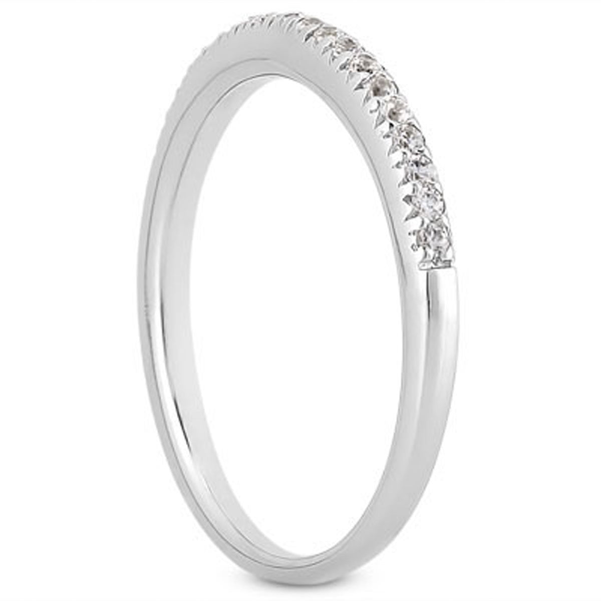 14k white gold wedding band with pave diamonds set halfway around the top.
