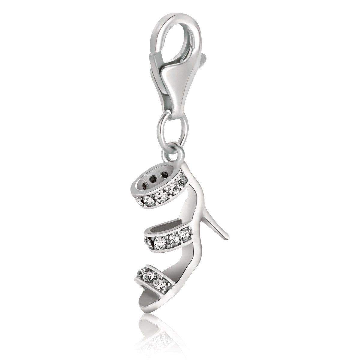 Sterling silver high heel shoe charm with three crystal-embellished straps and a lobster clasp.