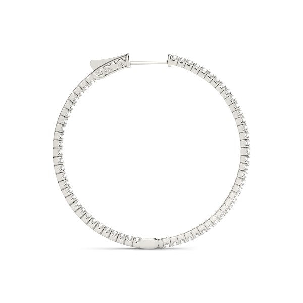14k white gold slim two-sided diamond hoop earring with hinge closure.