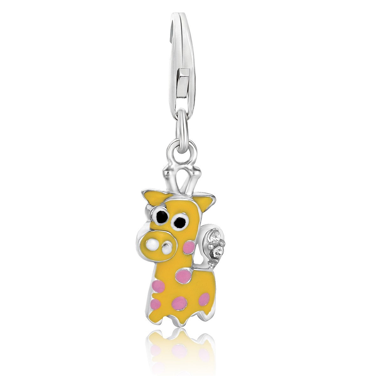 Sterling silver giraffe charm with yellow and pink enamel, and black eyes.