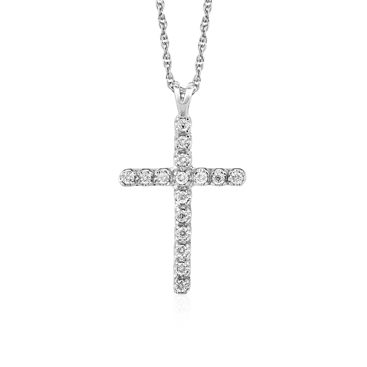 Sterling silver cross pendant with round diamonds on an 18-inch cable chain.