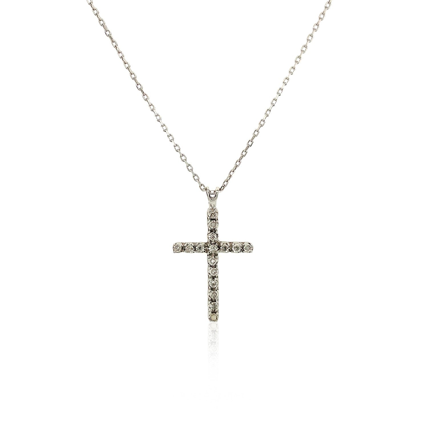 Sterling silver cross pendant with diamonds on an 18-inch cable chain.