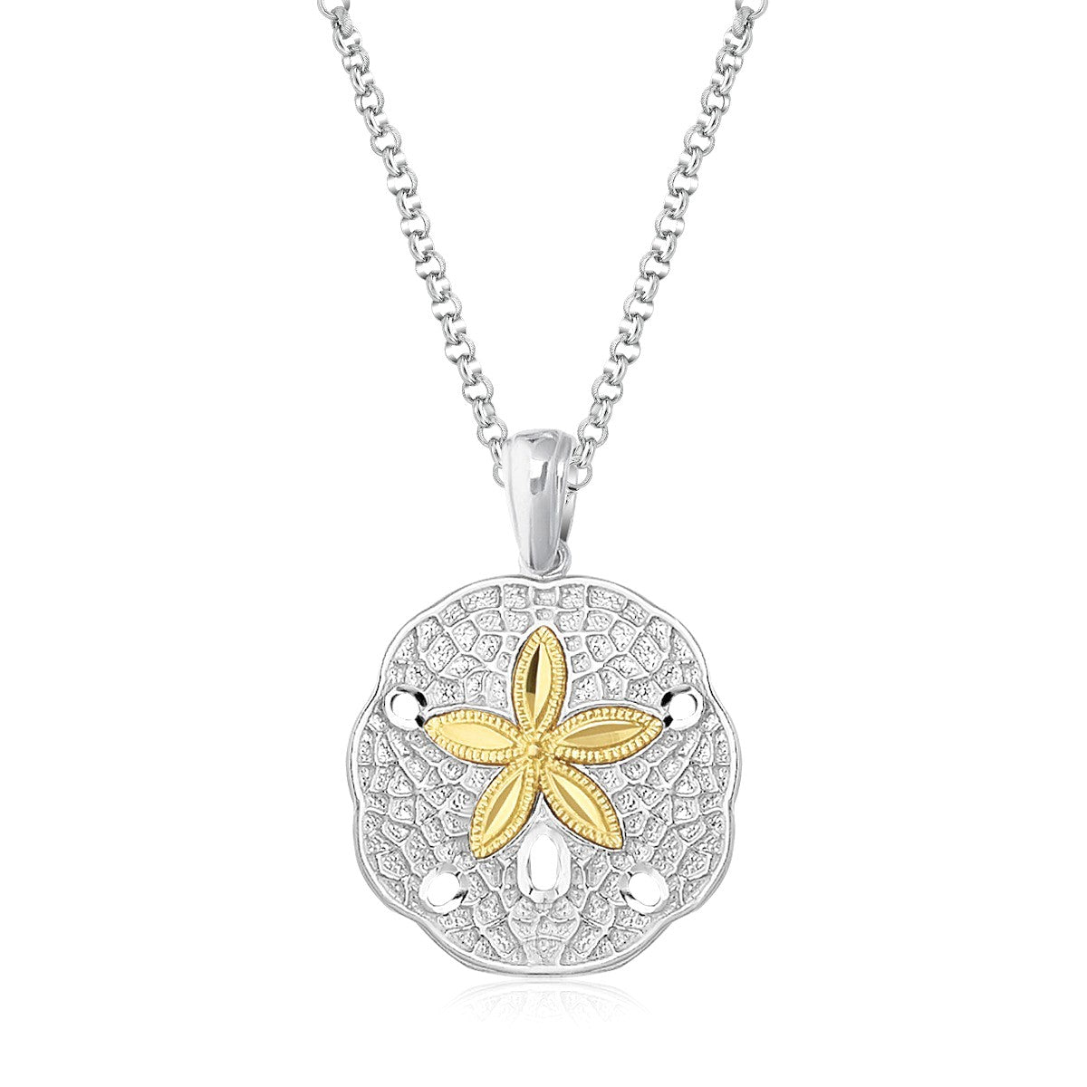 Sterling silver and 14k yellow gold sand dollar pendant on an 18-inch chain.