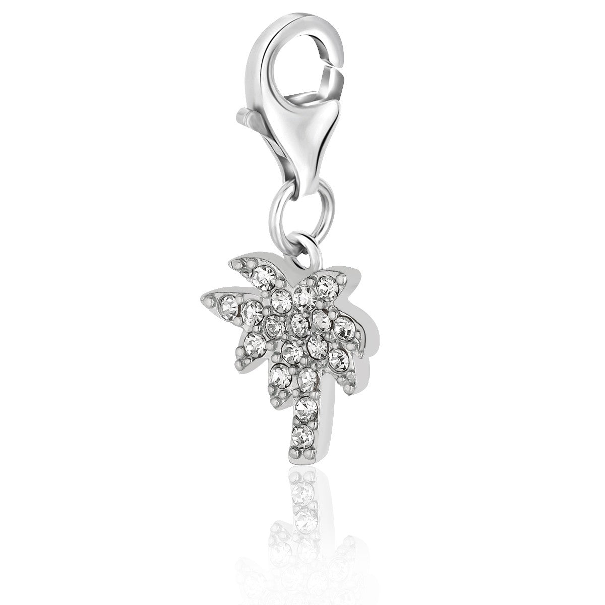 Sterling silver palm tree charm studded with white crystals and a lobster clasp.
