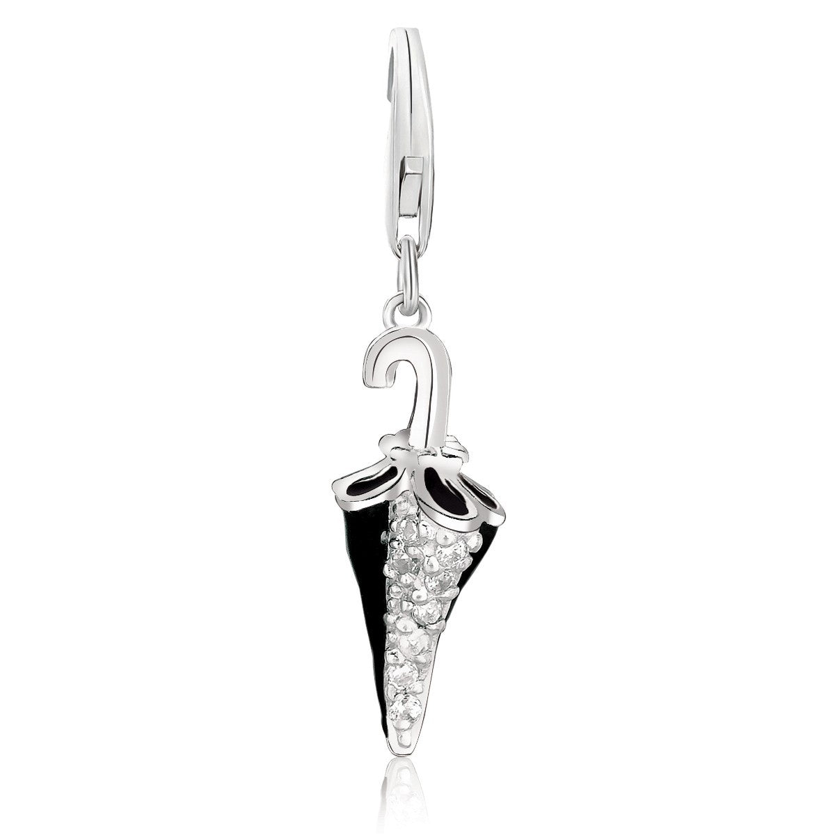 Sterling silver black enameled umbrella charm with white crystal embellishments.