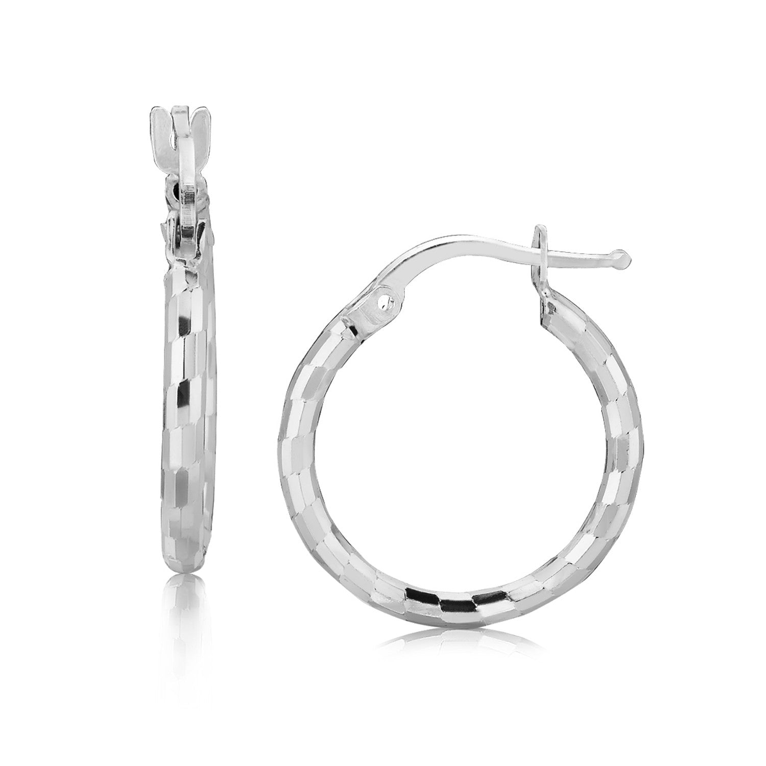 Sterling silver rhodium-plated diamond-cut small hoop earrings with snap lock backings.