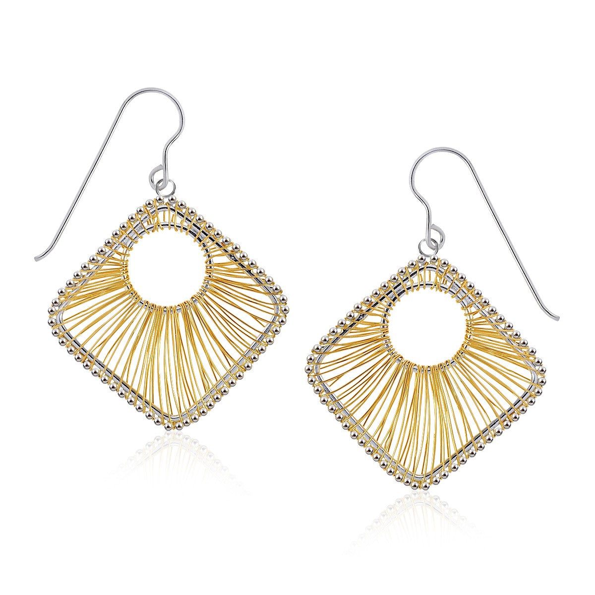 Sterling silver and 14K yellow gold geometric thread earrings with French wire closures.