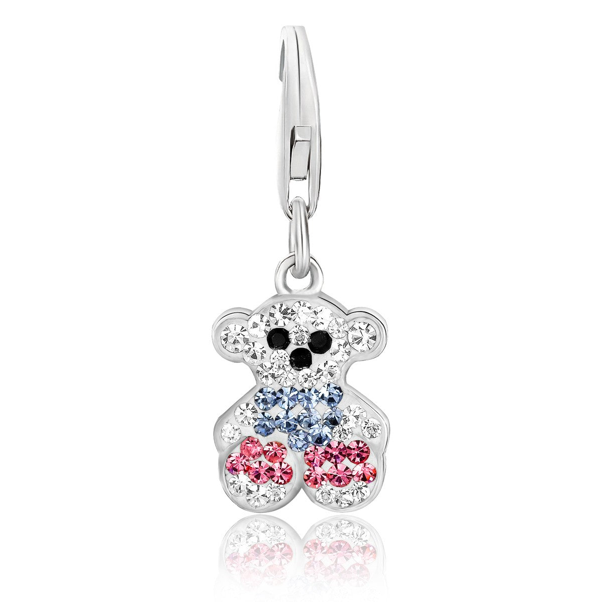Sterling silver bear charm with white, blue, pink, and black crystal embellishments.