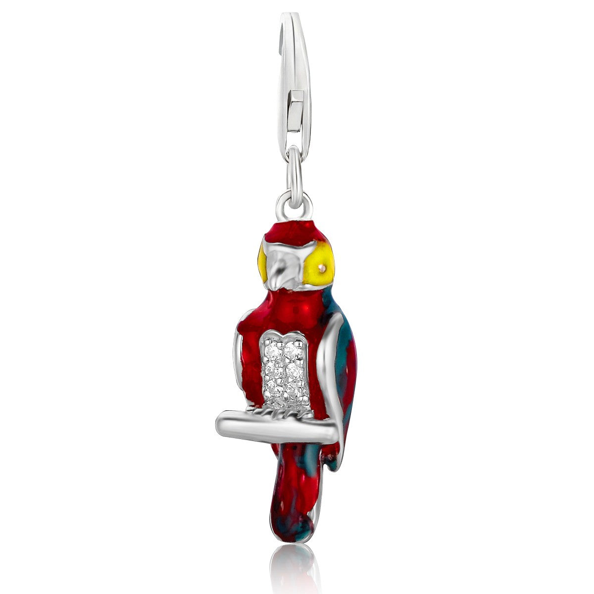 Sterling silver parrot charm with red, blue, and yellow enamel and white crystal accents.
