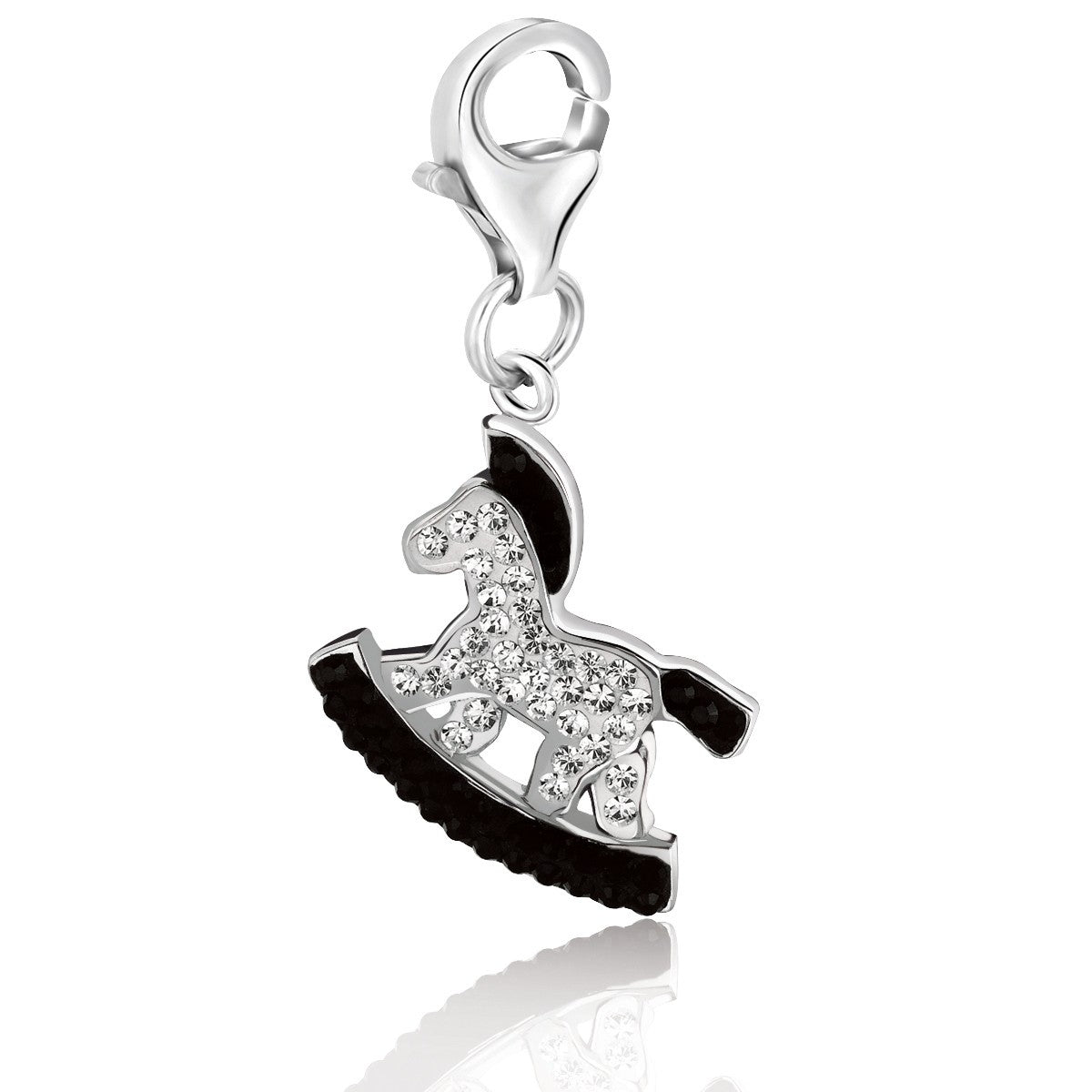 Sterling silver rocking horse charm with black and white crystal accents.