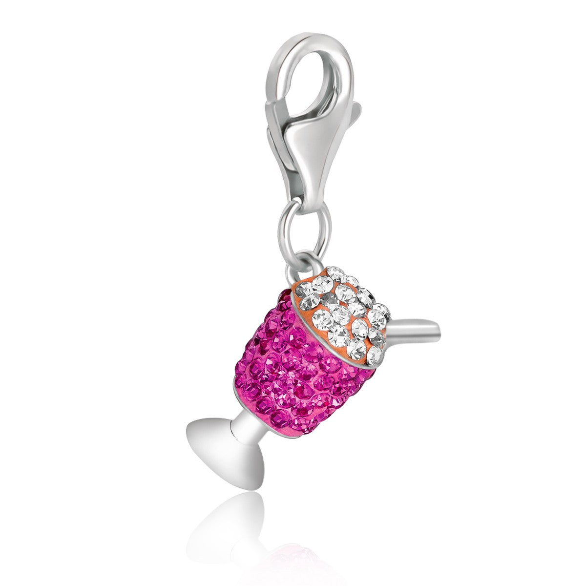 Sterling silver ice cream cup charm with magenta and white crystal accents.