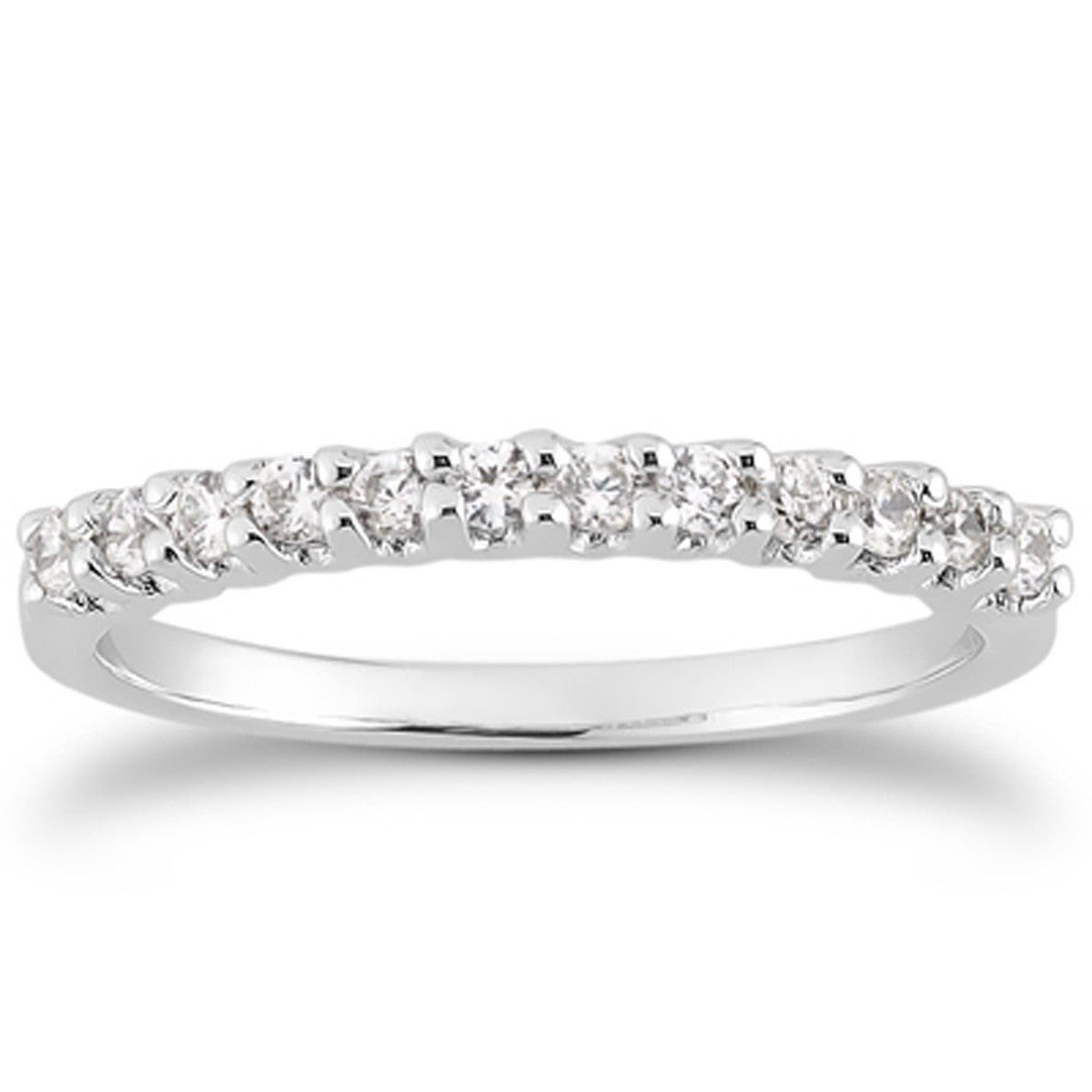 14k white gold wedding band with 12 round diamonds in a shared prong setting.