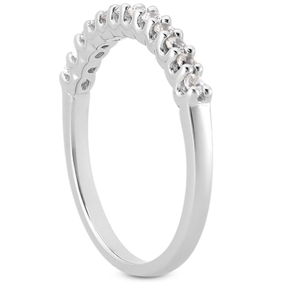 14k white gold wedding band with twelve round diamonds in a shared prong setting.